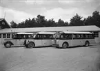 Bussar tillhörande Uppsala Centrala Omnibuss AB vid bussgarage vid Gråbergsvägen - Skogsbergsvägen, Eriksberg, Uppsala 1939