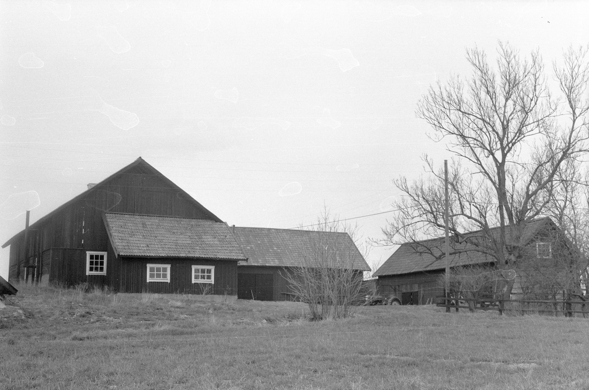 Bilverkstad, hönshus, lada, lider, magasin och vedbod, Kilsgärdet, Lena socken, Uppland 1977