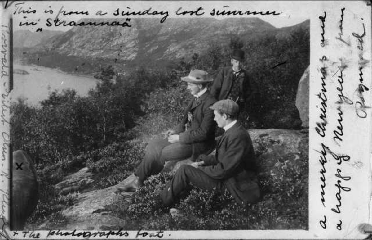 Fra "Straannaa". Torvald Olsen, Eilert Olsen og R. Kluge ser fra fjellet opp forbi "Strondå" ned til Gandsfjorden. Dyrnesvika med Store Holmen og Litle Holmen i bakgrunnen. Ca. 1908