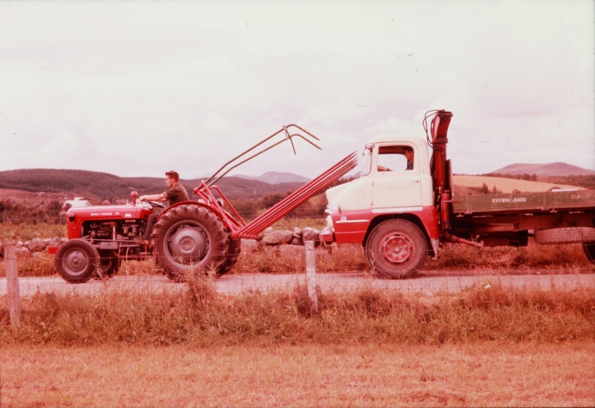Traktor med løftet høysvans fra Kvernelands Fabrikk AS og lastebil, merke Ford Thames Trader, på Frøyland