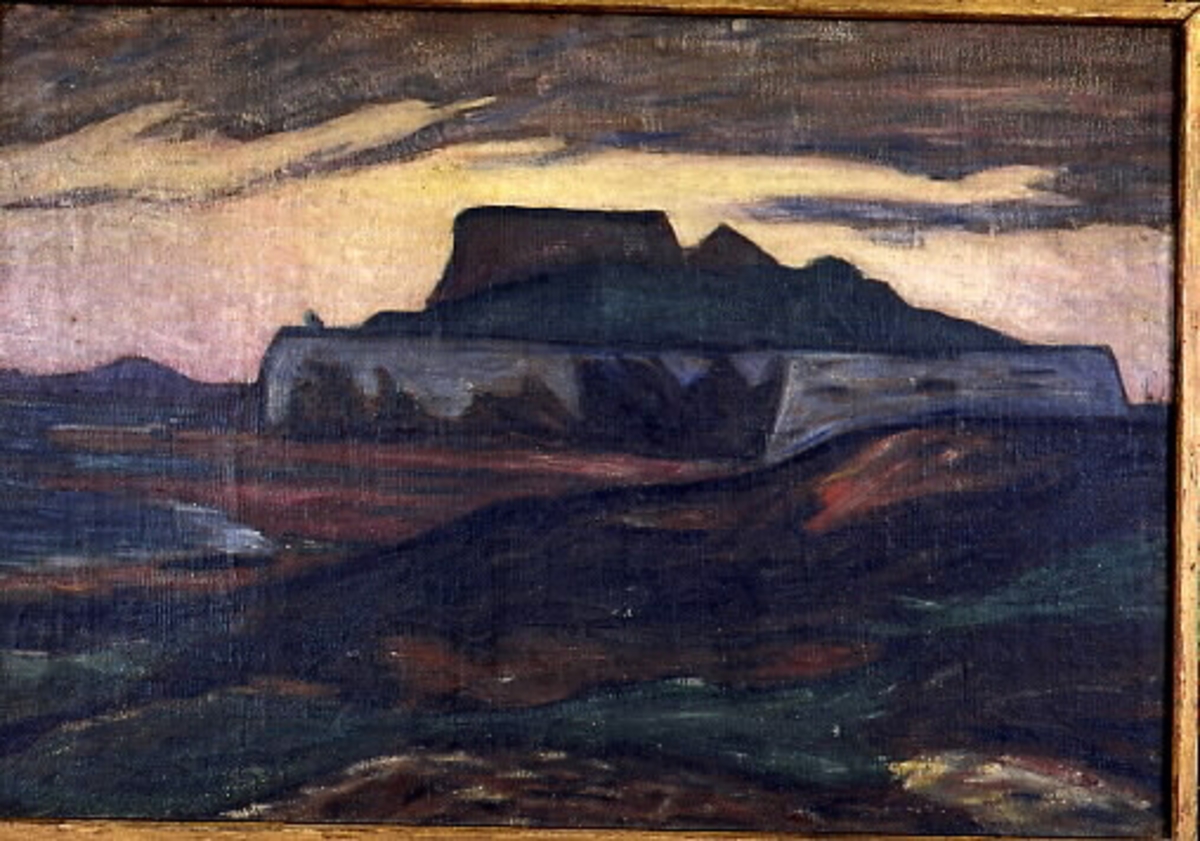 Fotografi av konstverk. Oljemålning av  Karl Nordström, Varbergsskolan, "Varbergs fästning från söder" (1894).