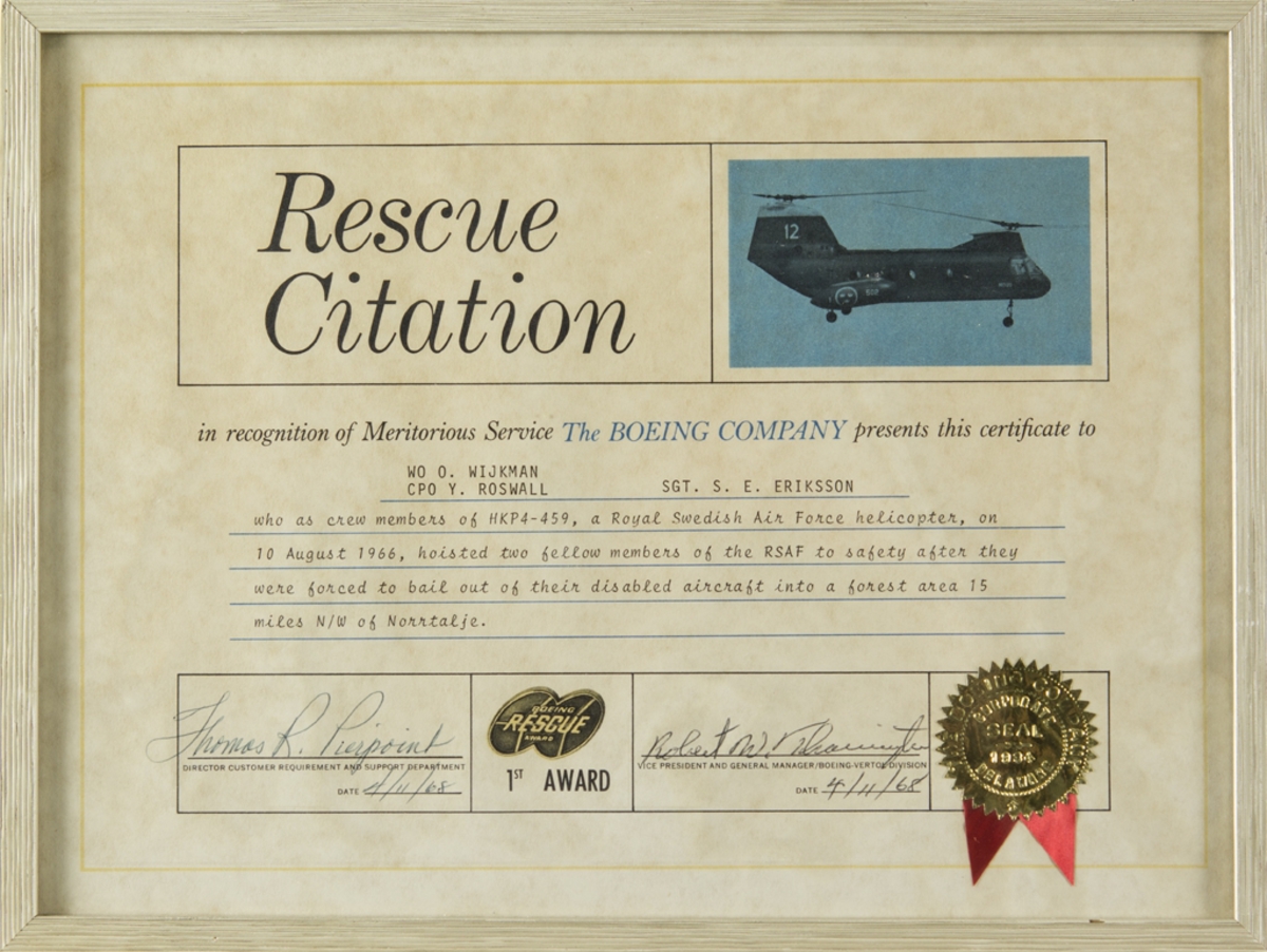 Diplom Rescue citation to crew members Hkp 459. den 10 augusti 1966