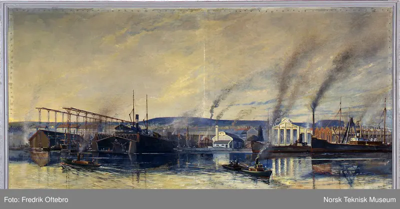 Maleri av Akers mek. verksted i Oslo sett fra fjorden.