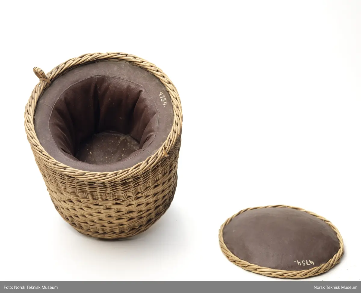 Termosaktig flettet kurv med håndtak og lokk.
Håndtaket er løst.