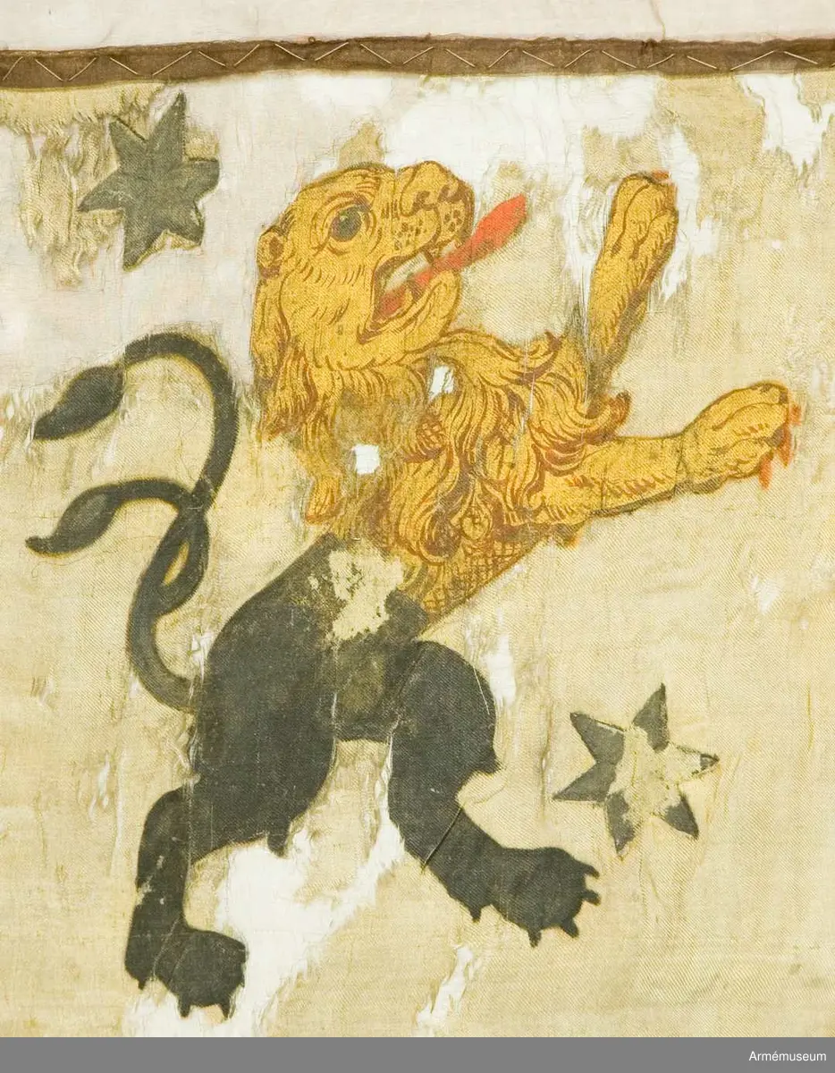 Fanduk av fyrskaftat kyprat siden med målade emblem, omvänd lika på båda sidor; svenska riksvapnet under pfalziska huset i guld, silver och färger, hållet av tvenne dubbelsvansade lejon, skölden guldkantad, krönt av en stor, sluten kunglig krona i guld med rött foder, samt stenar och pärlor i silver. Lejonen av guld med röda tungor, krönta med slutna kungliga kronor.

I båge över vapnet C.R.S. I övre inre hörnet Västergötlands sköldemärke: ett lejon till hälften i guld och till hälften i svart, följt av tvenne silverstjärnor. Målad av trofémålare Olof Hoffman.

Stång av brunmålad furu, 3,58 m lång. Spets saknas.