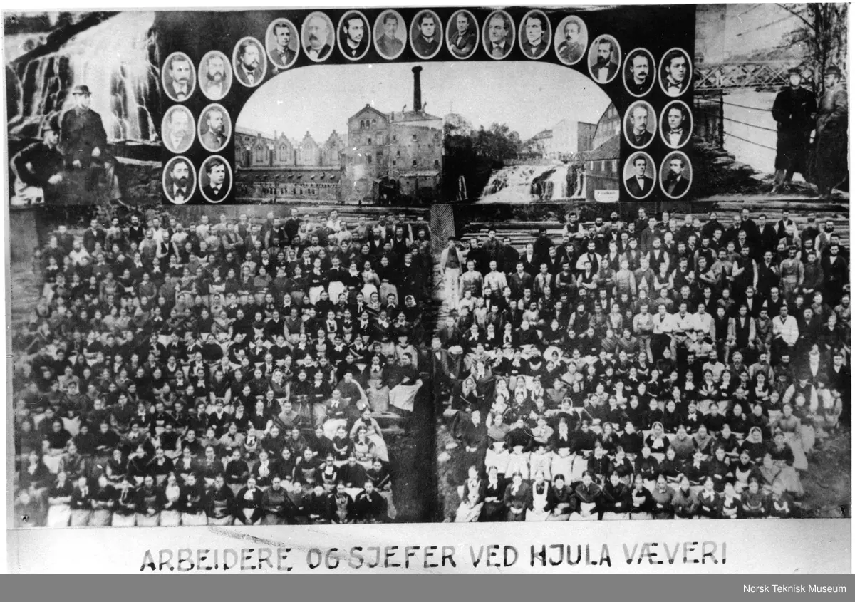 Fotomontasje: Arbeidere og sjefer ved Hjula Væveri 1882