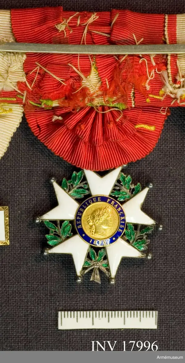 Ett johanniterkors med korsarmar. Silverkantad vit emalj. Tio uddar som slutar i kula. Mellan korsarmarna lagerkvistar i grön emalj. Korsen hänger i en lagerkrans av grön emalj. Mittglob i blå emalj och guld. På åtsidan "REPUBLIQUE FRANCAISE 1870" och i relief en kvinnoprofil.

Frånsidan har "HONEUR ET PATRIE". I den blå randen och i mitten korslagda, franska fanor.

Medaljband av röd rips.