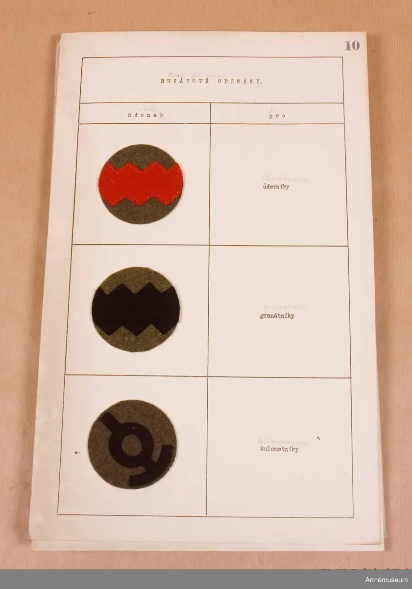 Grupp C I
Metallbrickor. Sexton ark med uppklistrade prover på distinktionstecken.

Samhörande nr är: AM.20674-5