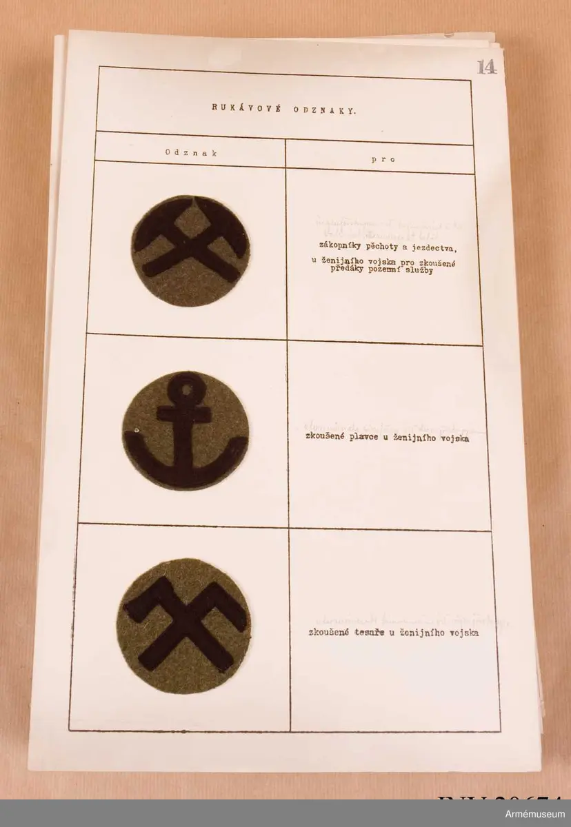 Grupp C I
Metallbrickor. Sexton ark med uppklistrade prover på distinktionstecken.

Samhörande nr är: AM.20674-5