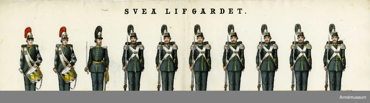 Grupp M I.
Kolorerad litografi föreställande "Svea livgarde". 13 st blad med 10 figurer vardera. H. Lederer i Stockholm (1860-69). 