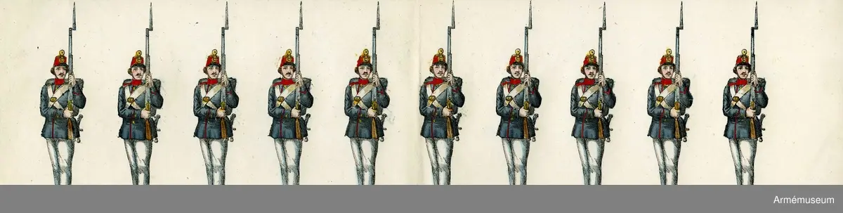 Grupp M I.
Kolorerad litografi föreställande "Svea livgarde". 13 st blad med 10 figurer vardera. H. Lederer i Stockholm (1860-69). 