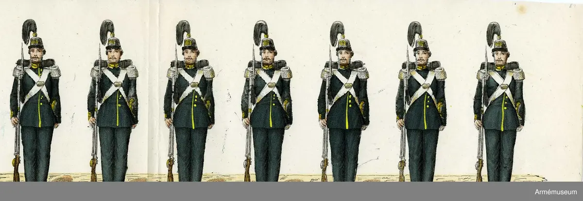 Grupp M I.
Kolorerad litografi föreställande "Svea livgarde". 13 st blad med 10 figurer vardera. H. Lederer i Stockholm (1860-69). 