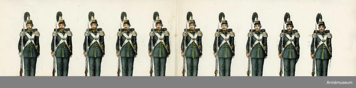 Grupp M I.
Kolorerad litografi föreställande "Svea livgarde". 13 st blad med 10 figurer vardera. H. Lederer i Stockholm (1860-69). 