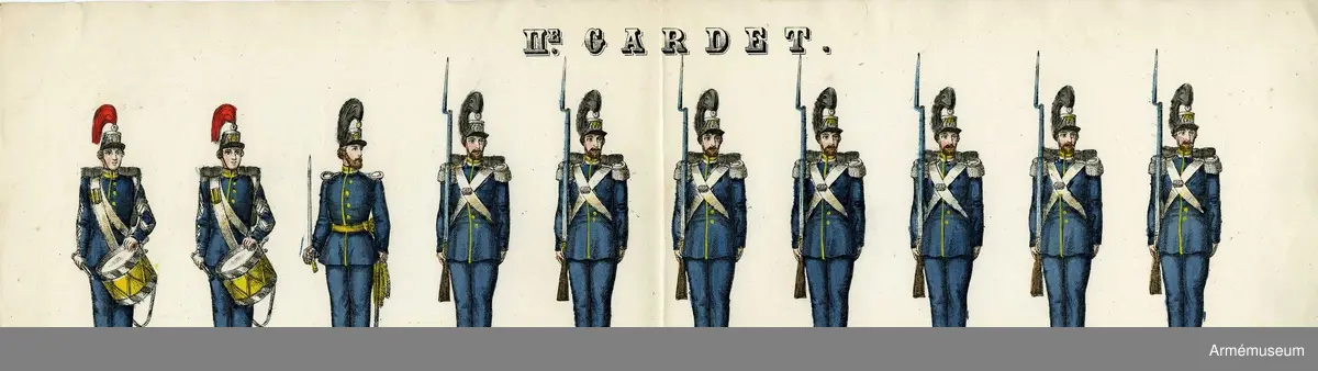 Grupp M I.
Kolorerad litografi föreställande "11:e Gardet".  5 st blad med 10 figurer vardera. H. Lederer i Stockholm (1860-69).