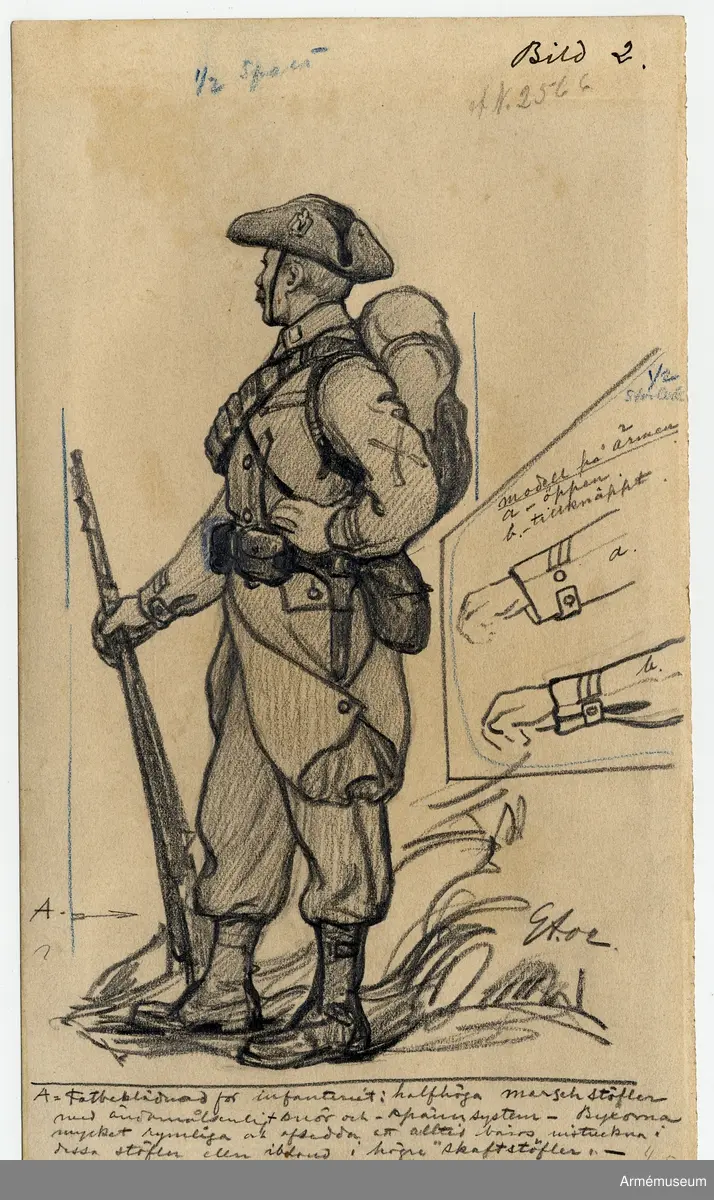 Förslag till ny uniform, utförda av Gustav Ancarcrona 1902. Sju inglasade teckningar. Ekram.