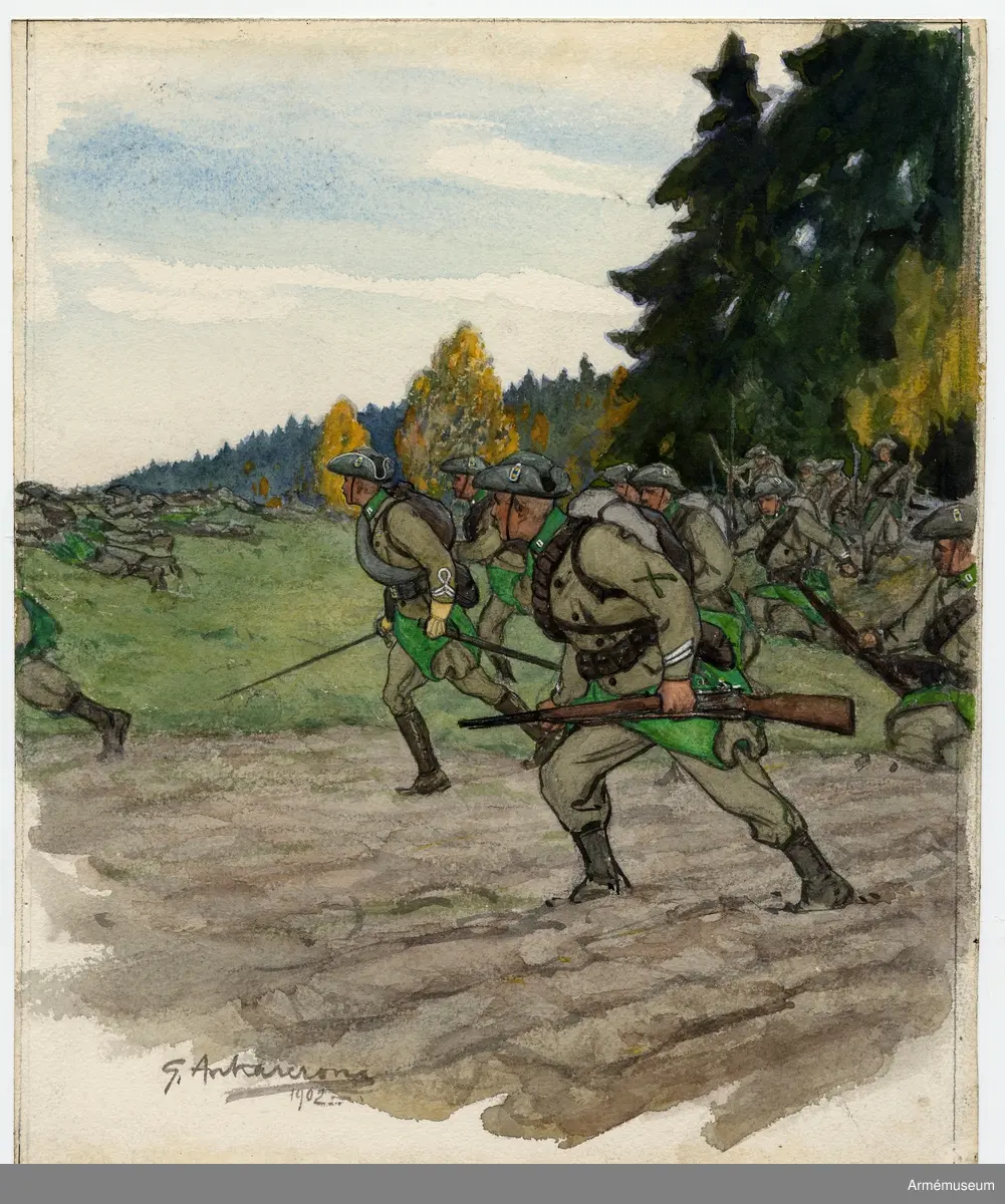 Förslag till ny uniform, utförda av Gustav Ancarcrona 1902. Sju inglasade teckningar. Ekram.