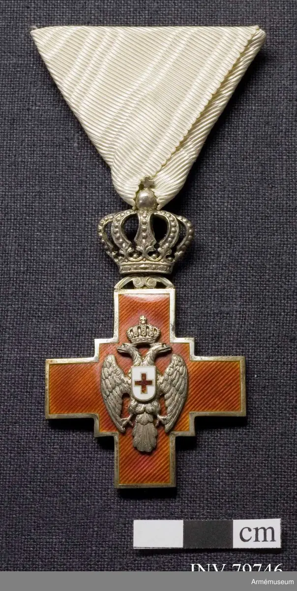 Ordenstecken i form av ett kors i silver med röd emalj på båda sidor. På framsidan kungadömet Serbiens vapen, en dubbelhövdad örn med en krona ovanför. Ovanpå korset en krona med ögla för att fästa bandet.

På baksidan finns inskriptionen: "1876", datum för etableringen av Serbiens Röda Kors.

Korset bars i ett vitt band när det tilldelades för insatser under fredstid och vitt med röda ränder på kanten för insatser under krig.