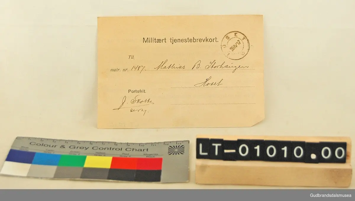 Militært tjenestebrevkort i papir, for matr.nr. 1487, datert 1926.