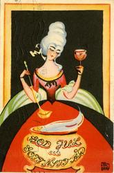 God Jul och Gott Nytt År. Dam klädd i 1700-talsmundering ser