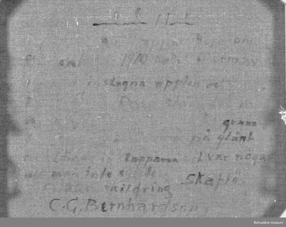 Baksidestext: 
"Julklappar. 
De första julklapparna förekom Här omkring 1910 talet i form av i papper inslagna äpplen och småkakor. O.B.S. Dessa slängdes in På golven hos grannbarn till grannbarn. Man öppnade dörren på glänt och slängde in Klapparna det var noga att man inte syntes.
Folklivsskildring Skaftö.
C.G. Bernhardson."

Litteratur:
Bernhardson, C.G.: Bohuslänska kustbor, Uddevalla, 1983, sidan 110. Titel i boken: De första julklapparna.

Övrig historik se CGB001