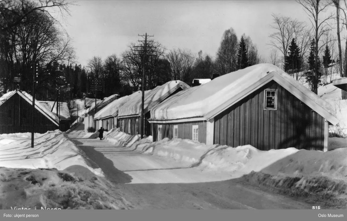 gate, trehusbebyggelse, arbeiderboliger, snø