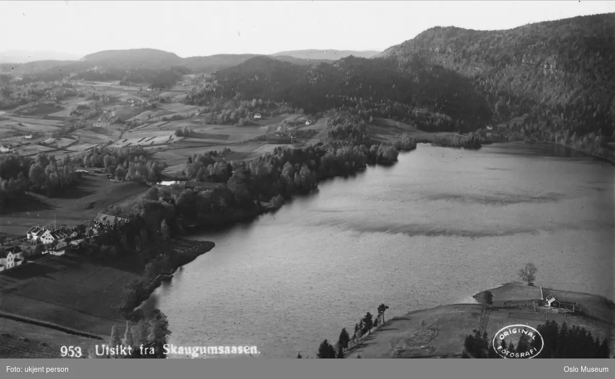 utsikt, kulturlandskap, gårder, skog, vann