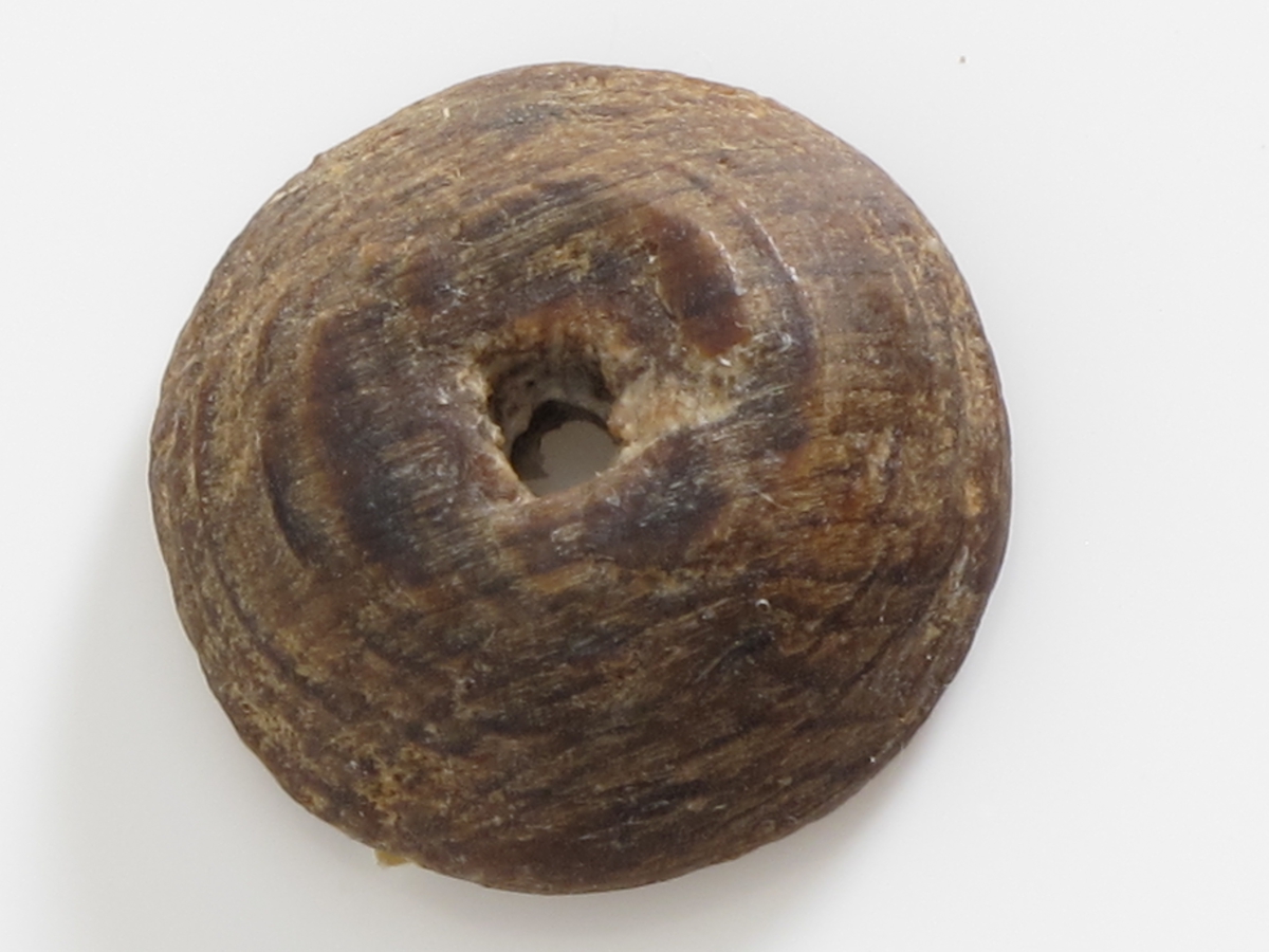 Knapper, 11 stk.  "Fredensborg,"1768. 

a)  Lærknapp. Diam. 2,1 Flat underside, overside med radiære riller, to hull. Et lite stk. borte i  kanten.  

b-f )  Knapper, 5 stk., Tre,  med hvelvet overside og ett forholdsvis stort hull. Diam. 1,9.  y  

g-i.)  Knapper, 3 stk. Tre. Tynne, små, med ett hull.   Diam. 1,2.

j-k )  Knapper, 2 stk. svakt hvelvet overflate,ett  hull, den ene avslått et segment. Diam. 2,1.