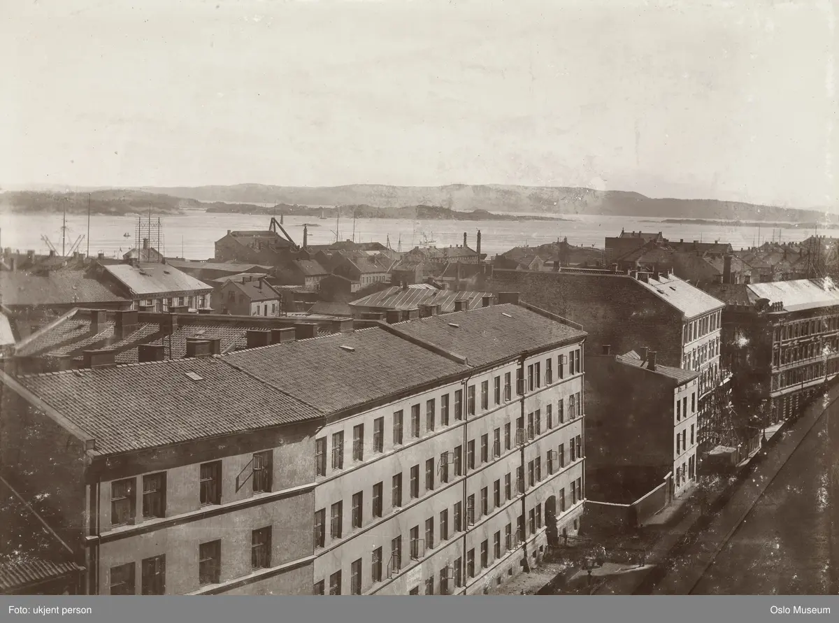 Utsikt fra Victoria terrasse over Ruseløkkveien mot fjorden, ca. 1900