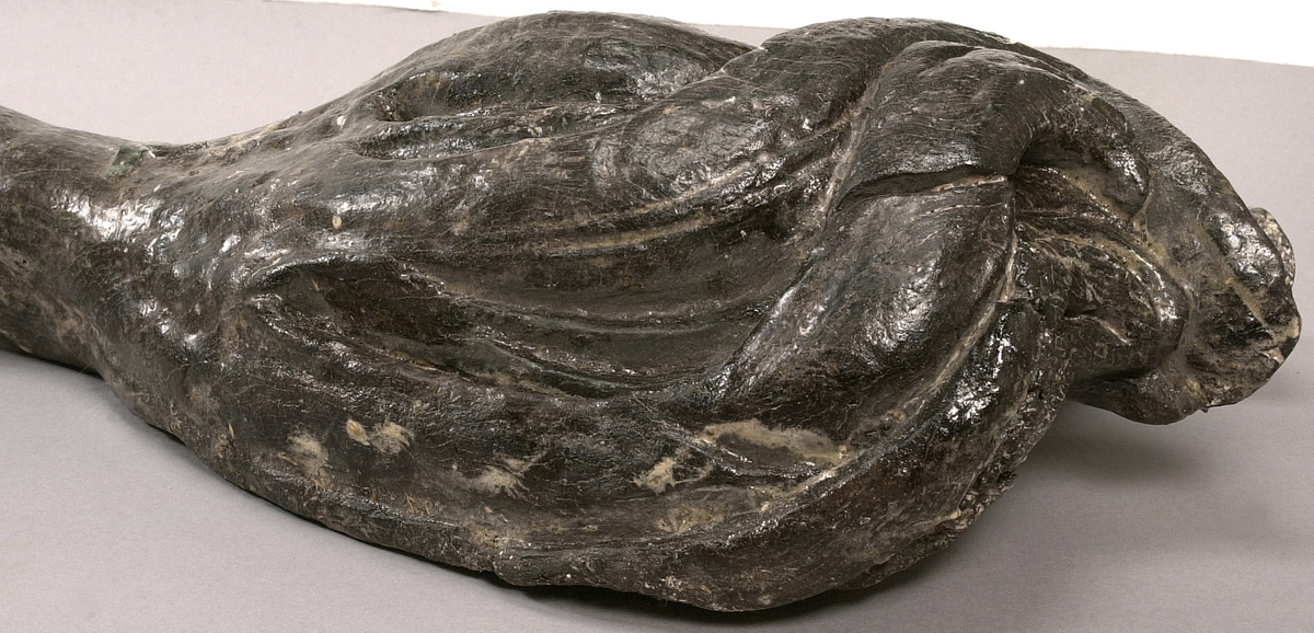 Skulpterad lejonsvans, lagad i rotändan. Svanstofsen är stor och yvig. Svansens baksida är slät.

Text in English: A sculpted lion''s tail, broken off where it was attached to the lion''s hind quarters. The tuft is large and bushy. The reverse side is smooth.