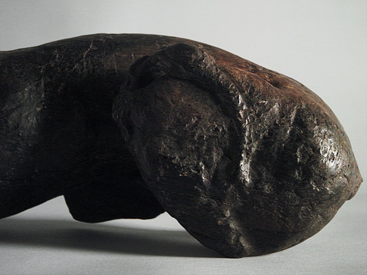 Skulptur av ett litet, liggande lejon med utsträckta framben och hopdragna bakben.
Lejonet är riktat mot vänster, sett från betraktaren. Det snett hållna huvudet återges i det närmaste i en face. Större delen av svansen saknas. Den befintliga delen av svansen avtecknar sig mot lejonets vänstra lår.

Lejonet är endast delvist rundskulpterat. På baksidan, i höjd med huvudet och höger framben, återfinns ett stort, snett urtag som bildar en slät anliggningsyta. Skulpturens framparti är således endast till hälften så tjockt som dess bakparti.
Bakkroppen är kraftigt sliten och skadad. Vänster bakben saknas, liksom större delen av svansen.

Text in English: Sculpture of a small reclining lion with its forelegs extended and its  hind legs tucked beneath its body.
Facing to the observer''s left, the head, held crookedly, is nearly en face. A large part of the tail is missing, and the remainder curves towards the left hind leg.

The lion is only partly three-dimensional. On the rear at the head height and at the right foreleg a large oblique hole forms a flat area for attachement, thus the forepart of the sculpture is thus only half as thick as its rear.
The rear of the body is badly worn and damaged. The left hind leg has been broken off.