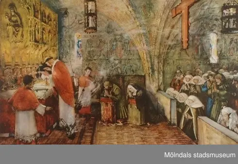 :1: Arbetet på en bondgård under Vasatiden.:2: Medeltida gudstjänst.