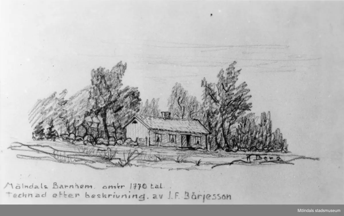 Mölndals barnhem, Holtermanska, omkr. 1770-tal. Tecknad efter beskrivning av J.F. Börjesson. Direktören Martin Holterman i Ostindiska kompaniet ägde Åby gård. 1782 skänkte han 3000 daler silvermynt till Fässbergs församling + ett nybyggt skolhus och trädgård på gårdens ägor vid Åby by. I skolan skulle 10 fattiga barn undervisas i "kristendom, skrivande och något räknande. Holtermans skola fanns kvar till 1875. Då hade donationens ändamål ändrats, och man byggde i stället ett barnhem kombinerat med småskola. 1914 brann barnhemmet och 1915 byggdes ett nytt barnhem på samma tomt. 1929 överlämnades barnhemmet till Mölndals stad.