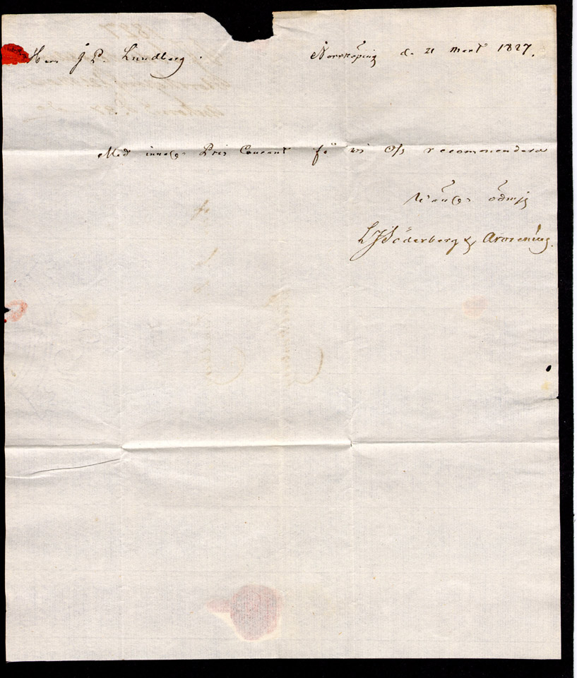 Förfilatelistiskt privatbrev skickat från Norrköping den 21 mars 1827 till Herr J. P. Lundberg i Falkenberg.

Stämpeltyp: Normalstämpel 4