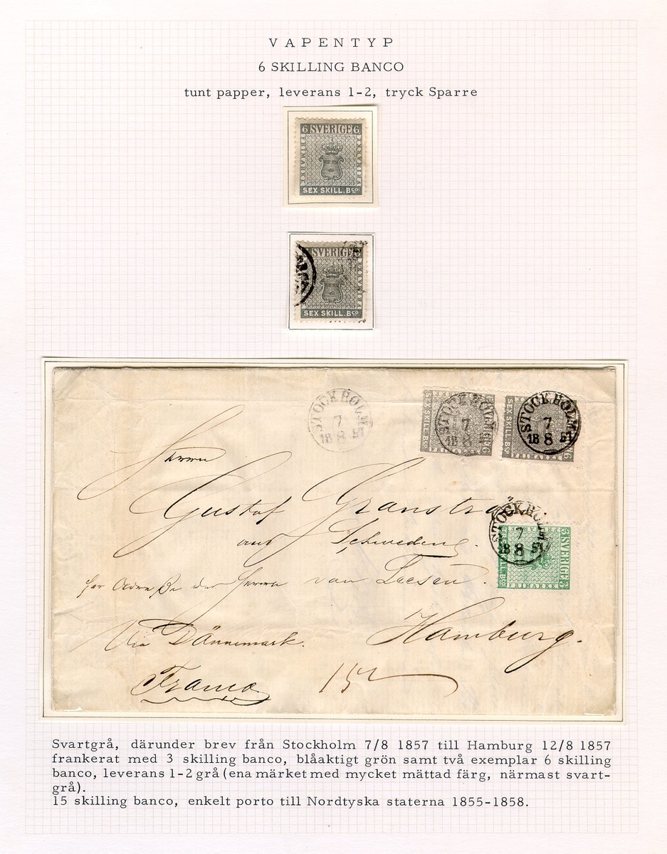 Albumblad innehållande 2 monterade frimärken samt 1 monterat brev
689a + 689b

Albumblad innehållande 1 monterat brev 0689b

Text: Svartgrå, därunder brev från Stockholm 7/8 1857 till Hamburg
12/8 1857 frankerat med 3 skilling banco, blåaktigt grön samt två
exemplar 6 skilling banco, leverans 1-2 grå (ena märket med mycket
mättad färg, närmast svartgrå).  15 skilling banco, enkelt porto till
Nordtyska staterna 1855-1858.

Stämpeltyp: Normalstämpel 10
