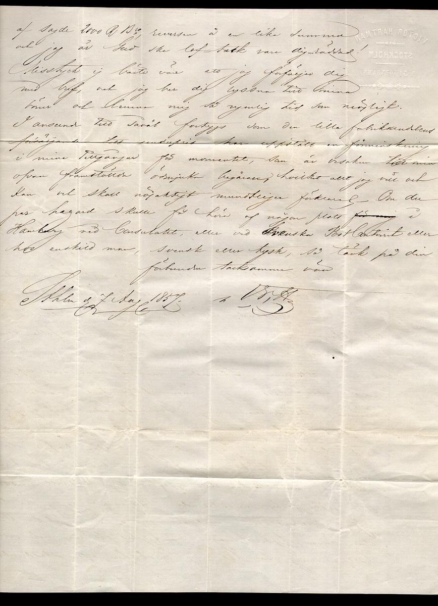 Albumblad innehållande 2 monterade frimärken samt 1 monterat brev
689a + 689b

Albumblad innehållande 1 monterat brev 0689b

Text: Svartgrå, därunder brev från Stockholm 7/8 1857 till Hamburg
12/8 1857 frankerat med 3 skilling banco, blåaktigt grön samt två
exemplar 6 skilling banco, leverans 1-2 grå (ena märket med mycket
mättad färg, närmast svartgrå).  15 skilling banco, enkelt porto till
Nordtyska staterna 1855-1858.

Stämpeltyp: Normalstämpel 10