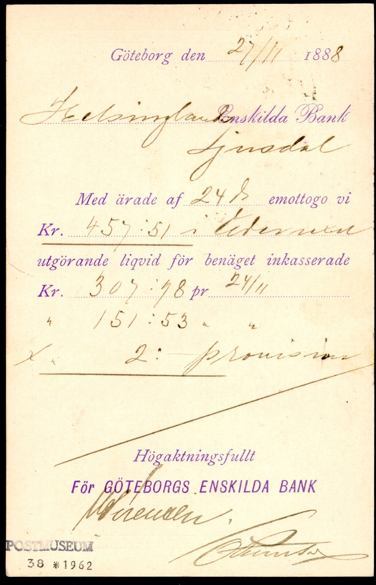 Text: Brevkort från Göteborg den 27 november 1888, frankerat med 5
öre Ringtyp, tandning 13 med blått posthorn på frimärken baksida
(utgivet 1886), till Ljusdal.
