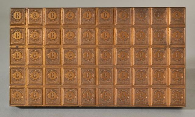 Tryckplåt till frimärket "Ringtyp" som utgavs 1872. Tryckplåten består av 50 märkesbilder med valören 3 öre. 