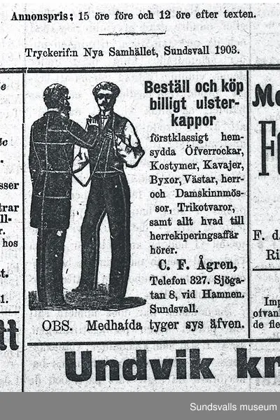 Annons i Nya Samhället. Sjögatan 8.