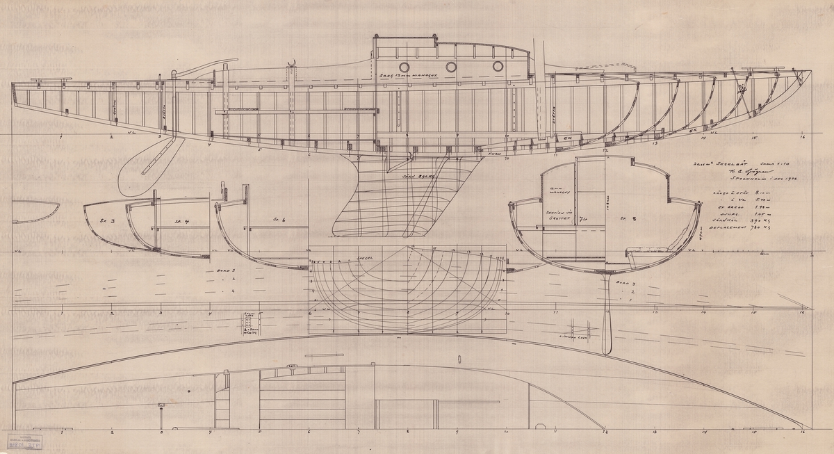 profilritning, nr. däcksplan, spantruta och tvärsektioner, skala 1:10