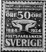 Tävlingsförslag till nya frimärken (svenska). Tävling arrangerad av Svenska Dagbladet 1934. Skämtsamt förslag. Jubileumscigarr från Tobaksmonopolet till Postsparbanken, 1884 - 1934. Valör 50 öre.