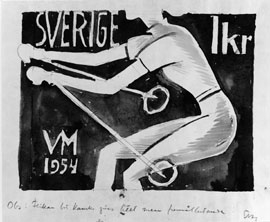 Förslagsteckningar till frimärke VM på skidor, utgivet 13/2 1954. VM hölls i Falun och Åre. Konstnär: Stig Blomberg.
Förslag 2, liggande bild. Anteckning: "OBS! Flickan bör kanske...".
Valör 1 kr.