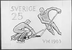 Frimärksförlaga till frimärket VM i ishockey, utgivet 15/2 1963. 1963 års VM i ishockey spelades i Stockholm.
Förslagsteckningar utförda av konstnären Georg Lagerstedt (1892 - ). Förslag 9. Tuschteckning. Valör 25 öre.