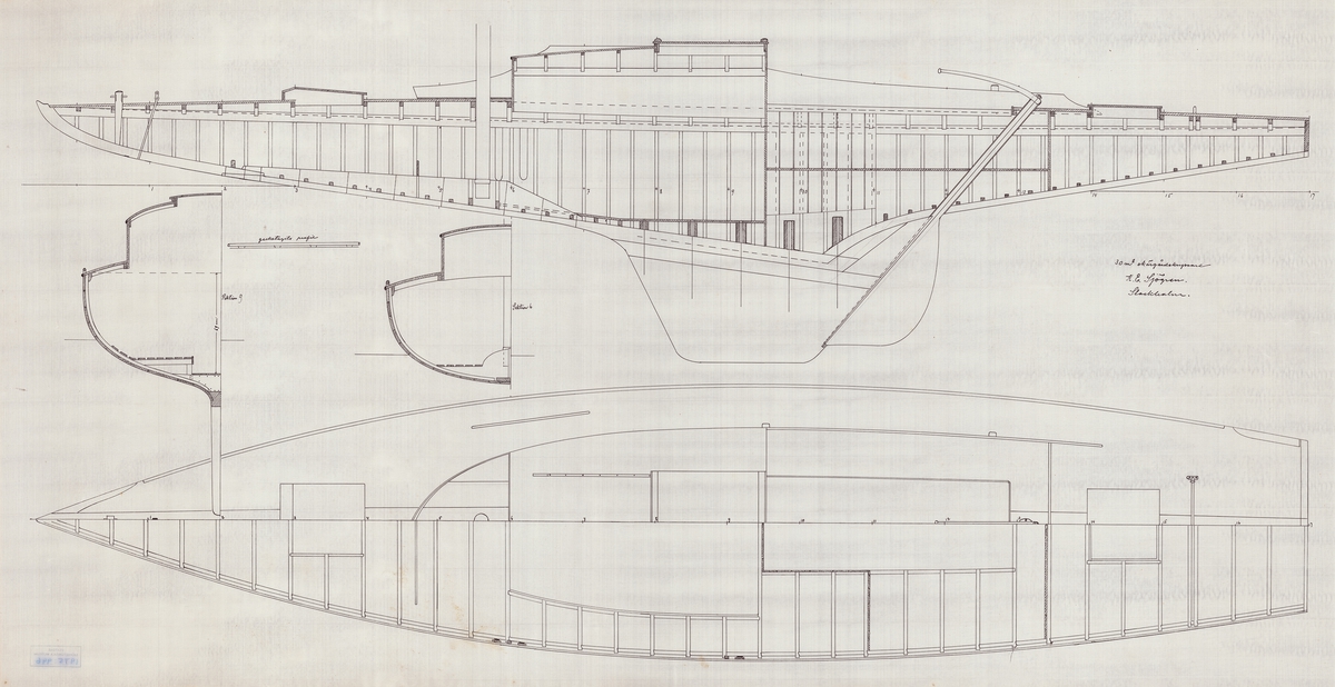 profilritning med däcksplan och tvärsektioner, skala 1:10