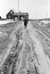 Lantbrevbärare, postiljon Erik Bergman (cykelåkande) i
Delsbo.  April 1956.

Brevbäringsturen är 2 ½ mil lång och omfattar nästan 300 hushåll.  Postväskan väger ofta 30-40 kg.  På de lerigaste och värsta sträckorna kan inte cyckeln användas.