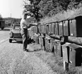 Bilåkande lantbrevbäraren Erik Johansson på linjen
Åkersberga-Singö-Björnhuvud-Åkersberga. Brevlådesamlingen vid Singö handel.

Foton augusti 1961.