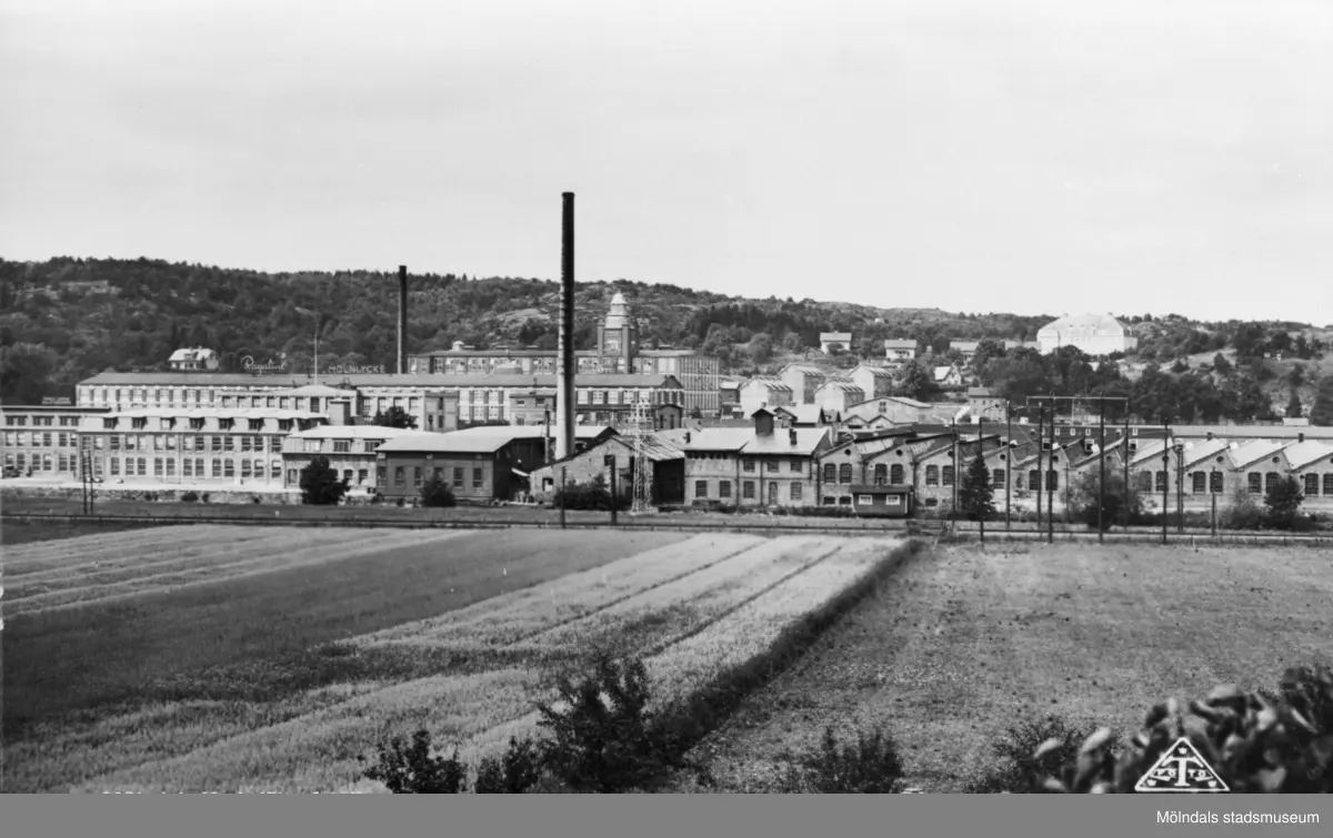 Vy från öster över Krokslätts fabriksområde, 1900-1910.

I bakgrunden Krokslättsskolan och Safjället.