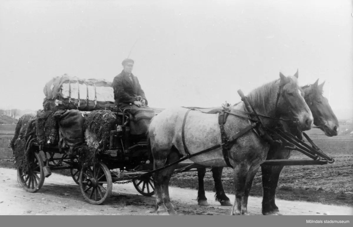 Kusken Robert Börjesson kör bomullstransport för Anderstorps fabrik 1910-20-tall. Den klarade av 
5 st bomullsbalar, vilket var full last för 2 st hästar. Anderstorps fabrik grundades 1829 - 1989, övergick till färgeri 1997.