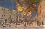 Hotell de pologne i Leipzig står i brand. 29-30 augusti 1846. Vykort.  Tecknat motiv. Privata bilder från brandchefen för Sundsvalls brandkår Gustaf Hellgren och hans familj.