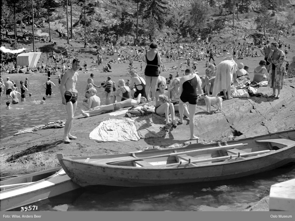 badestrand, mennesker, badeliv, robåt