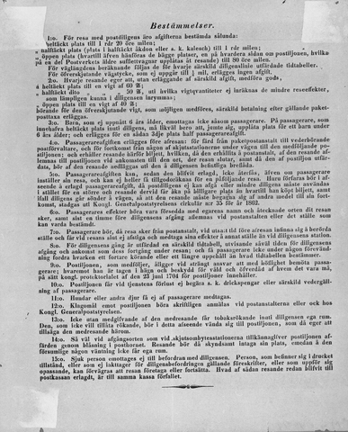 Personbiljett från 1873 för postverkets trafik med hästdiligenser.
Baksidan. Bestämmelser för resa med postdiligens.